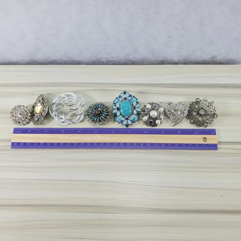 8 Brooch Lot Silver Tone Sarah Coventry Faux Pearl Rhinestone Pins Turquoise